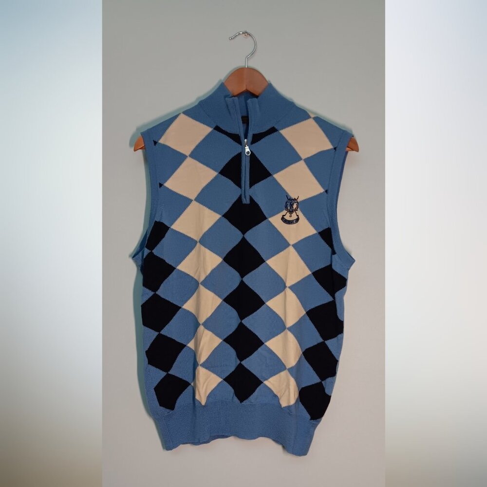 St Andrews Links Collection Men's Wool Vest Argyle Navy Blue Maid Blue Beige L